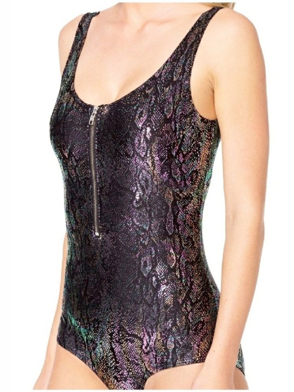 BlackMilk Eat Oily Mice Oil Slick Snakeskin Iridescent Foil Zip Bodysuit Sz S